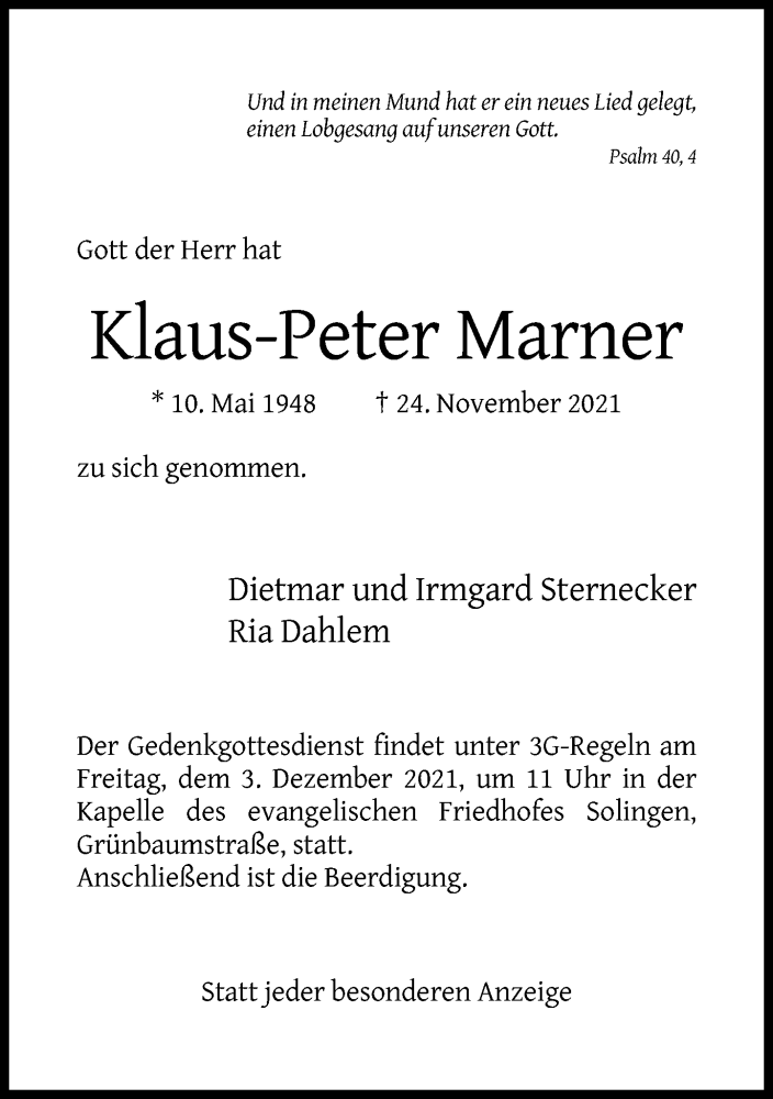  Traueranzeige für Klaus-Peter Marner vom 27.11.2021 aus Rheinische Post