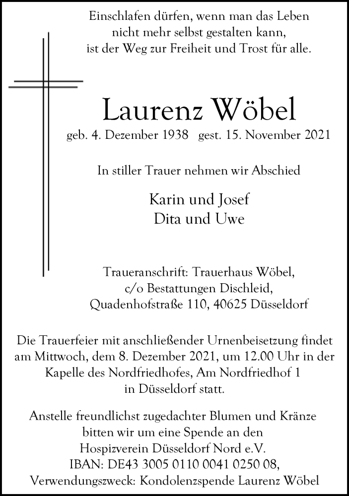  Traueranzeige für Laurenz Wöbel vom 27.11.2021 aus Rheinische Post