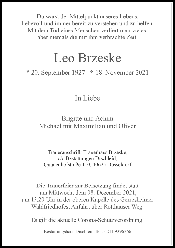  Traueranzeige für Leo Brzeske vom 27.11.2021 aus Rheinische Post