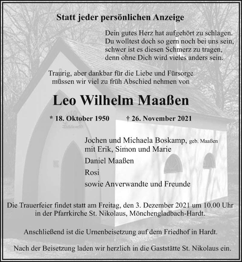  Traueranzeige für Leo Wilhelm Maaßen vom 30.11.2021 aus Rheinische Post