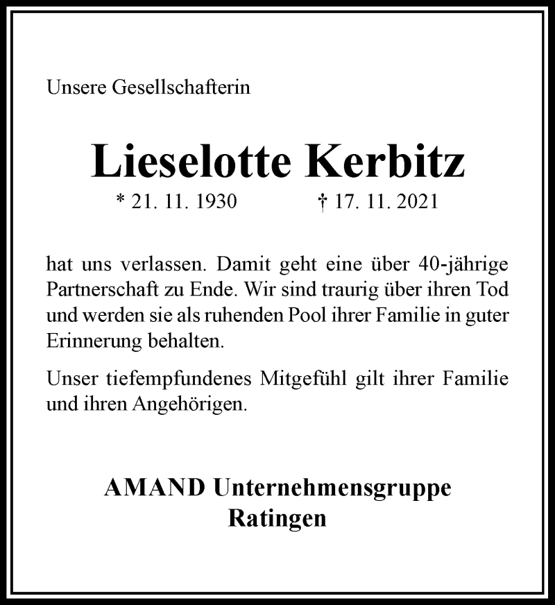  Traueranzeige für Lieselotte Kerbitz vom 27.11.2021 aus Rheinische Post