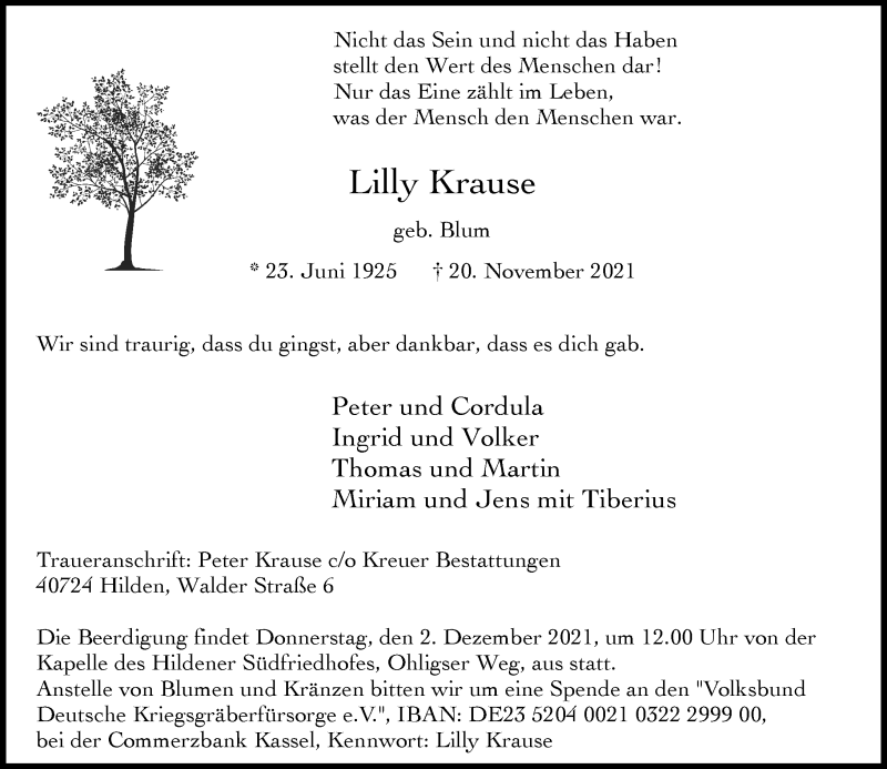  Traueranzeige für Lilly Krause vom 27.11.2021 aus Rheinische Post
