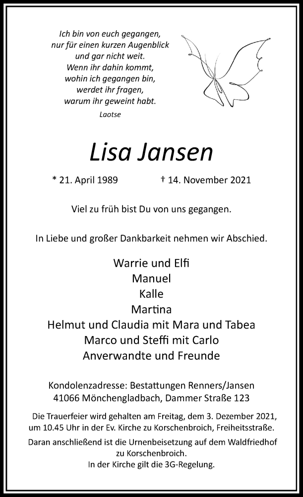  Traueranzeige für Lisa Jansen vom 27.11.2021 aus Rheinische Post