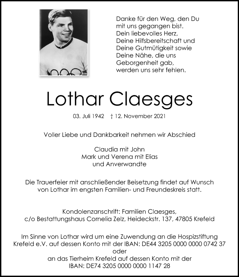  Traueranzeige für Lothar Claesges vom 20.11.2021 aus Rheinische Post