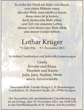 Traueranzeige von Lothar Krüger von Rheinische Post