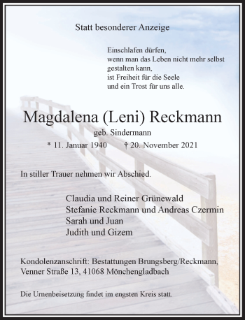 Traueranzeige von Magdalena  Reckmann von Rheinische Post