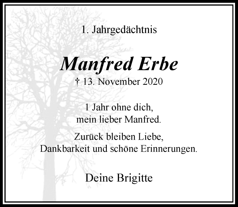 Traueranzeige für Manfred Erbe vom 13.11.2021 aus Rheinische Post