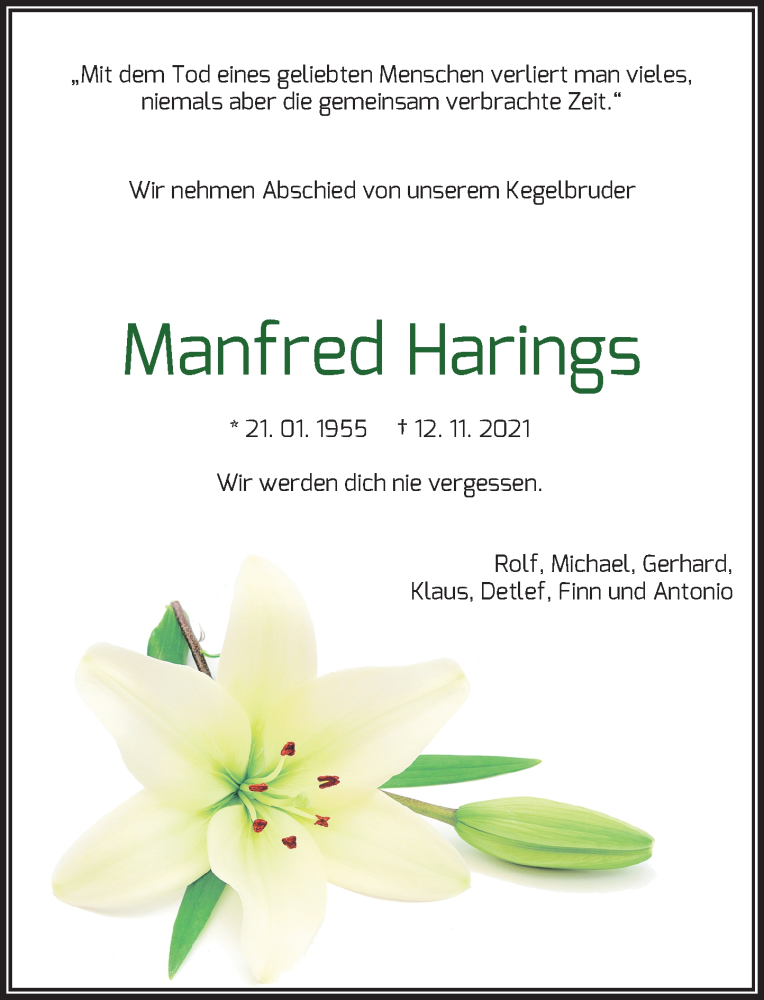  Traueranzeige für Manfred Harings vom 19.11.2021 aus Rheinische Post