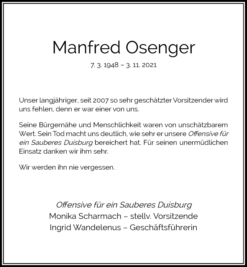  Traueranzeige für Manfred Osenger vom 05.11.2021 aus Rheinische Post