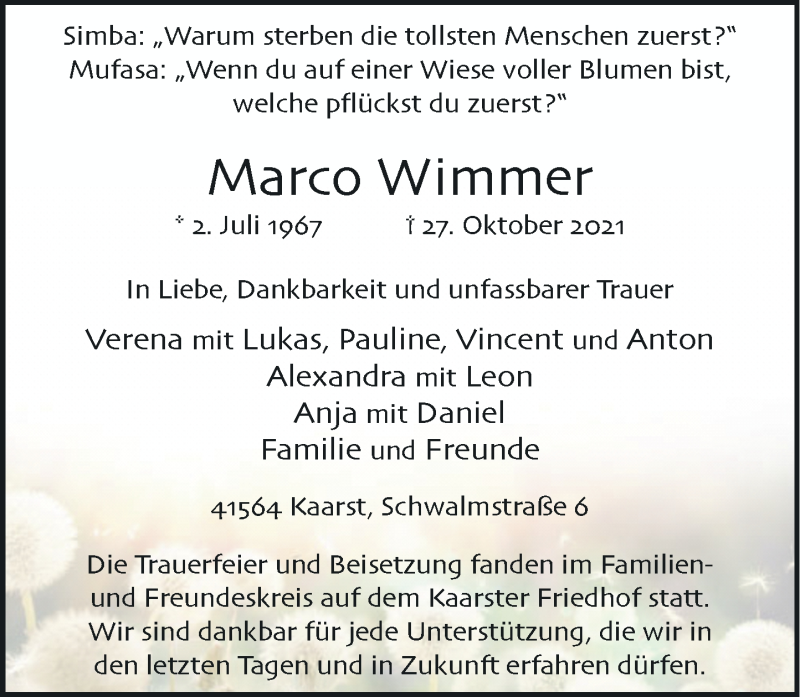 Traueranzeige für Marco Wimmer vom 13.11.2021 aus Rheinische Post