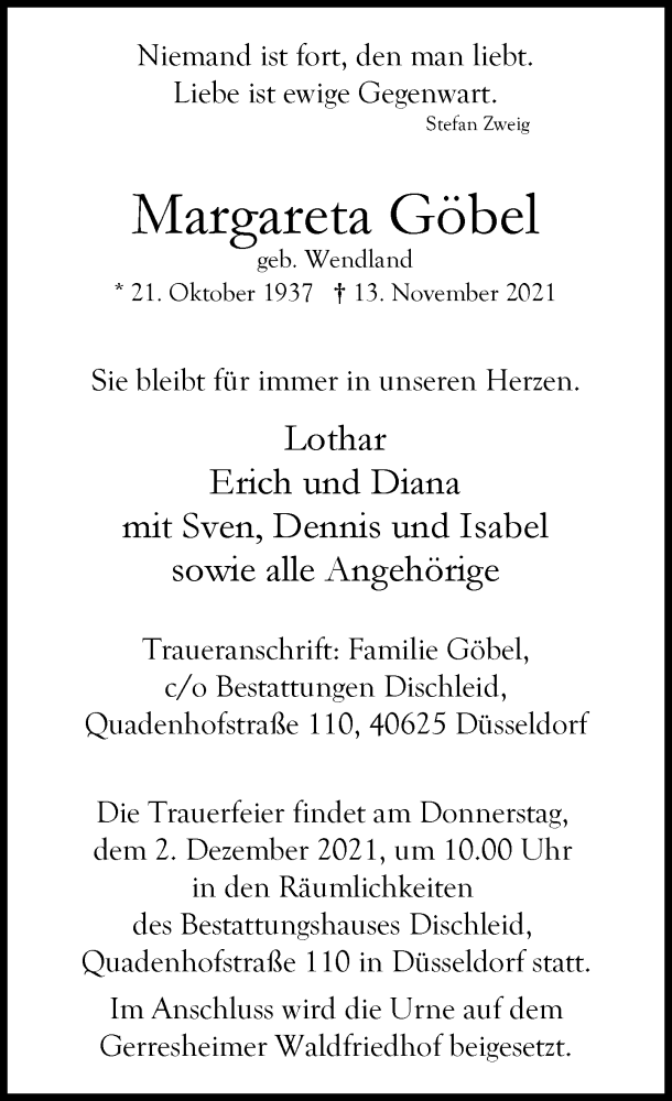  Traueranzeige für Margareta Göbel vom 27.11.2021 aus Rheinische Post