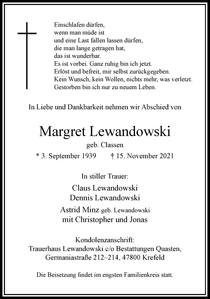  Traueranzeige für Margret Lewandowski vom 27.11.2021 aus Rheinische Post