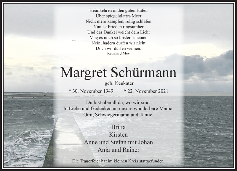  Traueranzeige für Margret Schürmann vom 27.11.2021 aus Rheinische Post