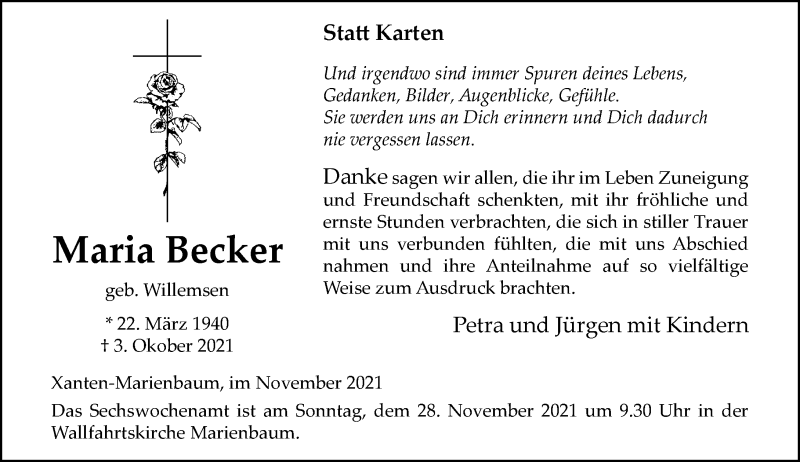  Traueranzeige für Maria Becker vom 20.11.2021 aus Rheinische Post