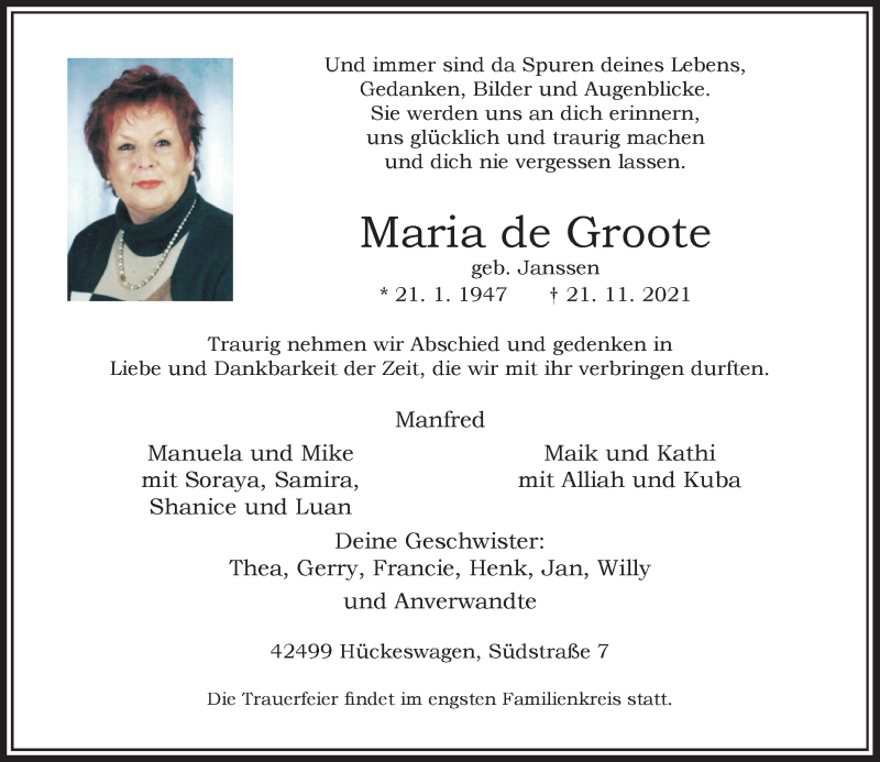  Traueranzeige für Maria de Groote vom 27.11.2021 aus Rheinische Post