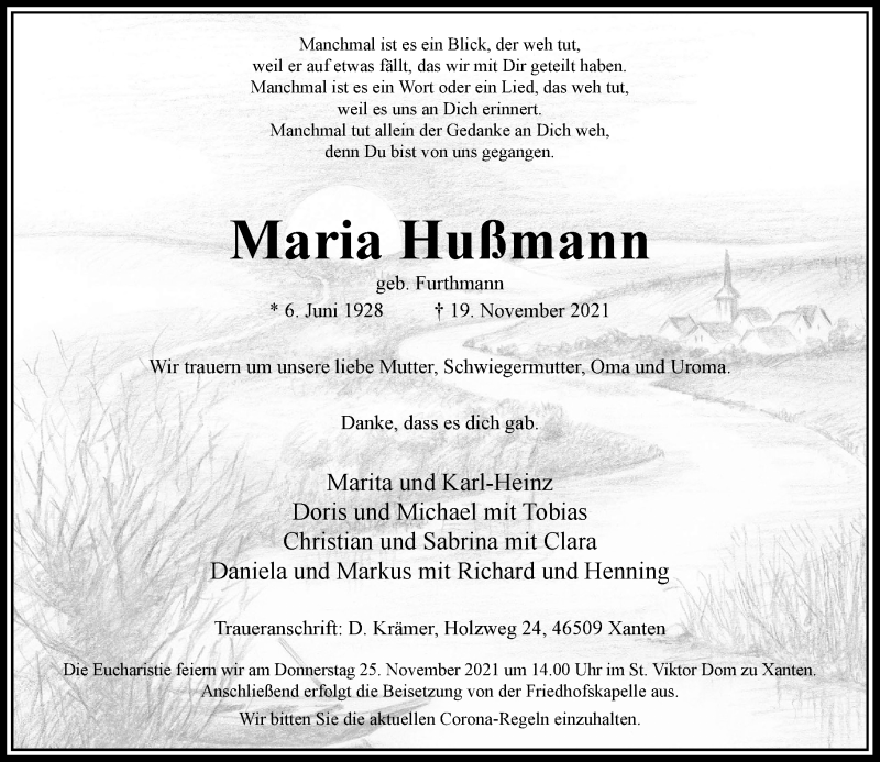  Traueranzeige für Maria Hußmann vom 22.11.2021 aus Rheinische Post