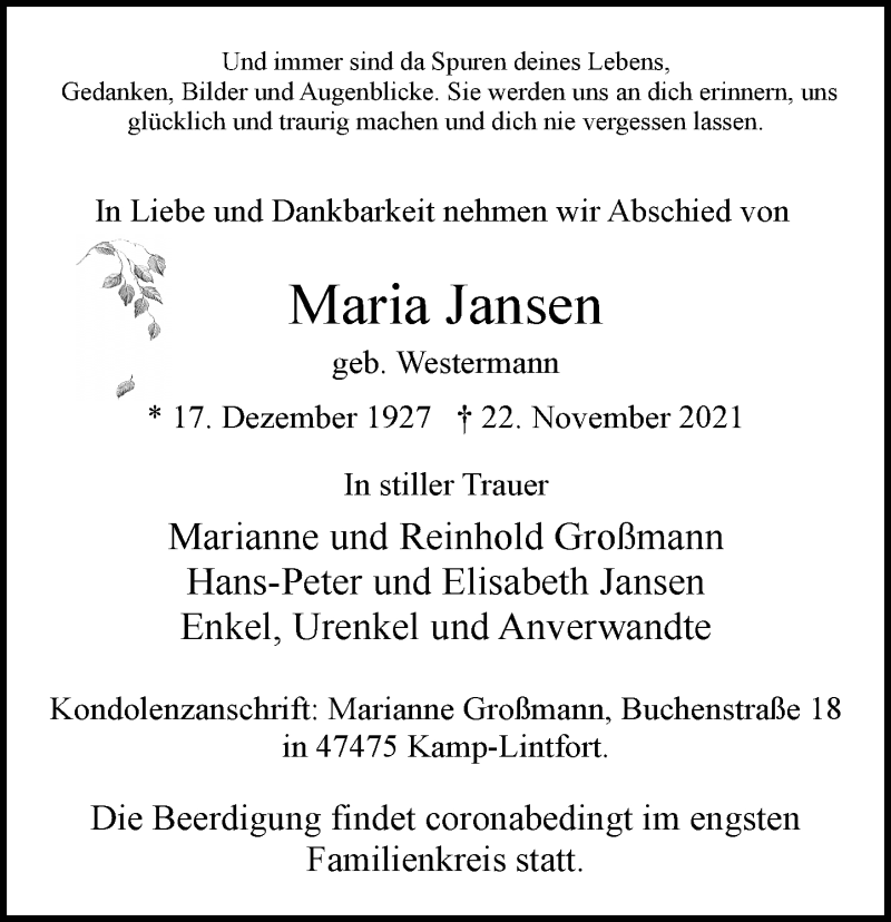  Traueranzeige für Maria Jansen vom 27.11.2021 aus Rheinische Post
