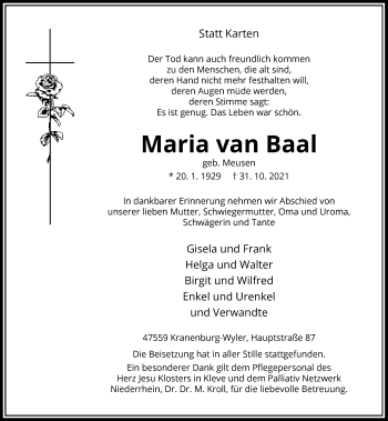 Traueranzeige von Maria van Baal von Rheinische Post