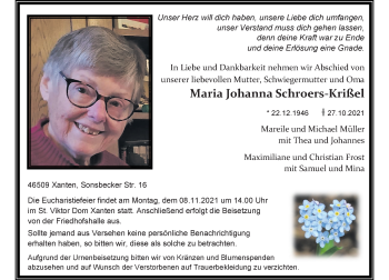 Traueranzeige von Maria Johanna Schroers-Krißel von Rheinische Post