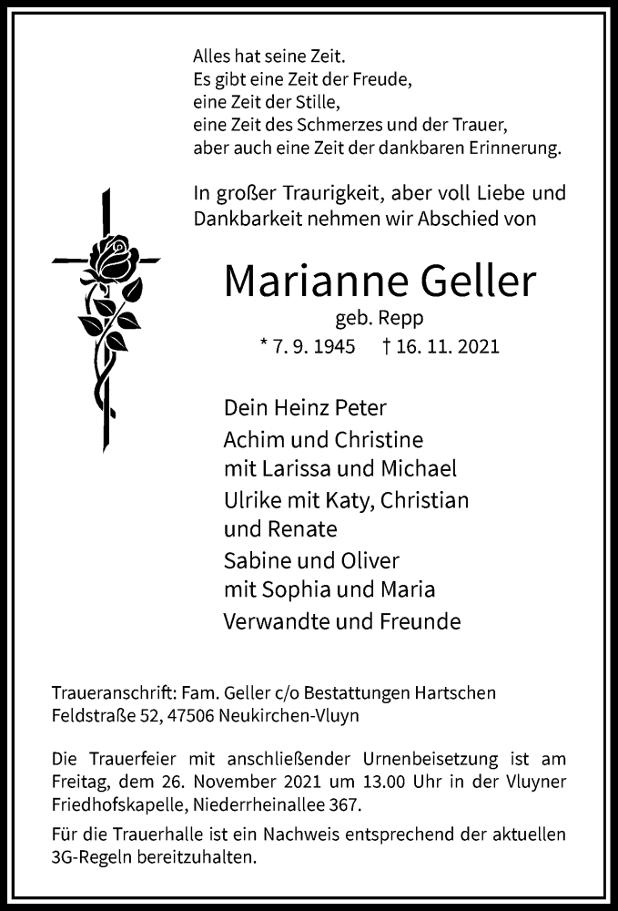  Traueranzeige für Marianne Geller vom 20.11.2021 aus Rheinische Post