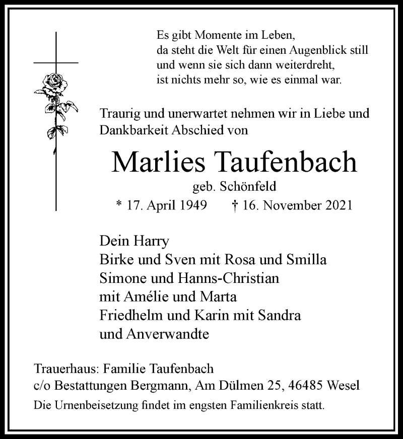  Traueranzeige für Marlies Taufenbach vom 27.11.2021 aus Rheinische Post