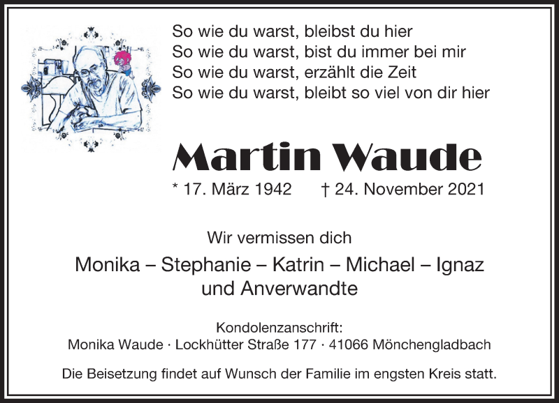  Traueranzeige für Martin Waude vom 27.11.2021 aus Rheinische Post
