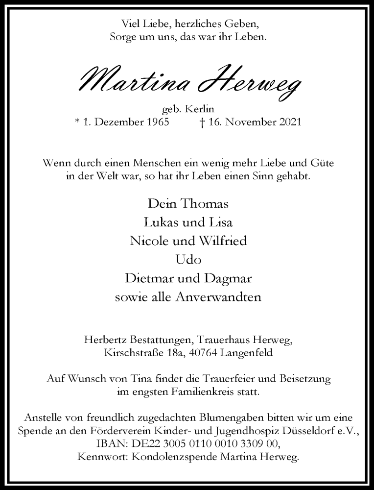  Traueranzeige für Martina Herweg vom 20.11.2021 aus Rheinische Post