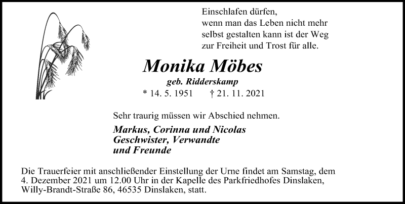  Traueranzeige für Monika Möbes vom 27.11.2021 aus Rheinische Post