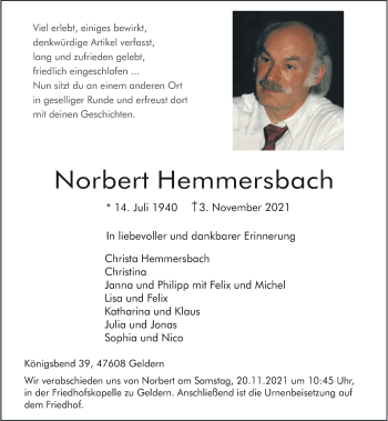 Traueranzeige von Norbert Hemmersbach von Rheinische Post