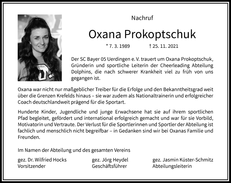  Traueranzeige für Oxana Prokoptschuk vom 27.11.2021 aus Rheinische Post