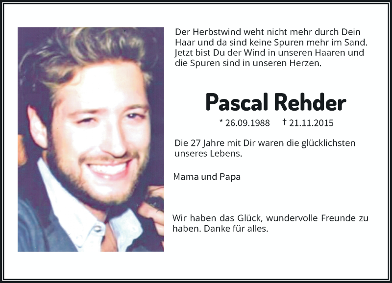  Traueranzeige für Pascal Rehder vom 20.11.2021 aus Rheinische Post
