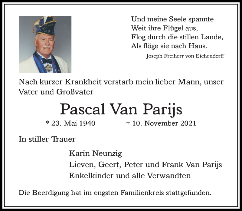 Traueranzeige für Pascal  Van Parijs vom 27.11.2021 aus Rheinische Post
