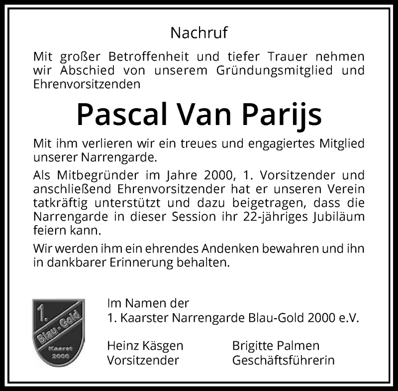  Traueranzeige für Pascal  Van Parijs vom 27.11.2021 aus Rheinische Post