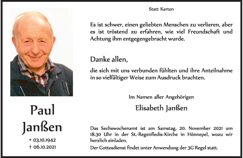  Traueranzeige für Paul Janßen vom 13.11.2021 aus Rheinische Post