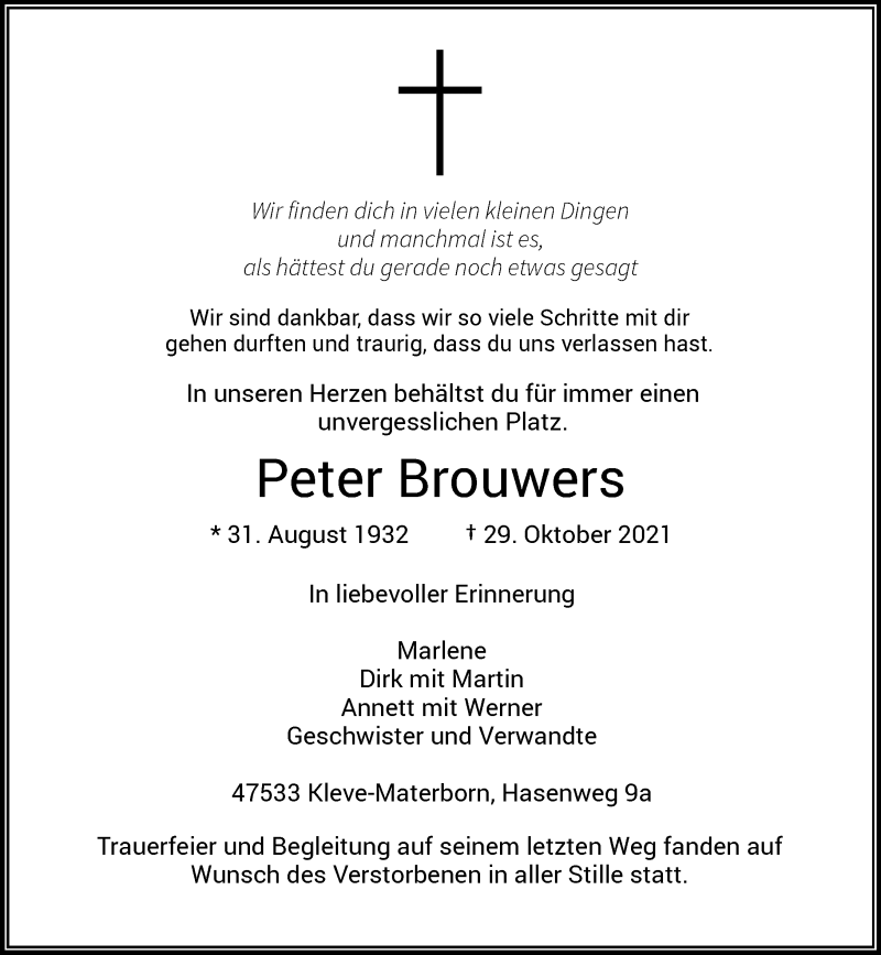  Traueranzeige für Peter Brouwers vom 13.11.2021 aus Rheinische Post
