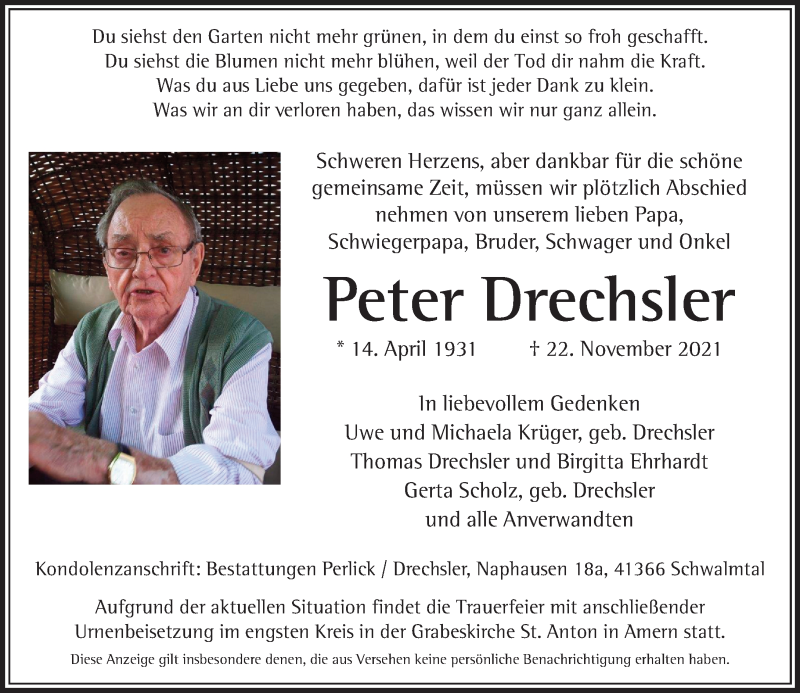  Traueranzeige für Peter Drechsler vom 27.11.2021 aus Rheinische Post