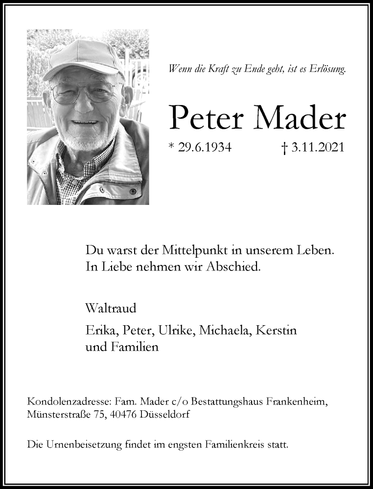  Traueranzeige für Peter Mader vom 13.11.2021 aus Rheinische Post
