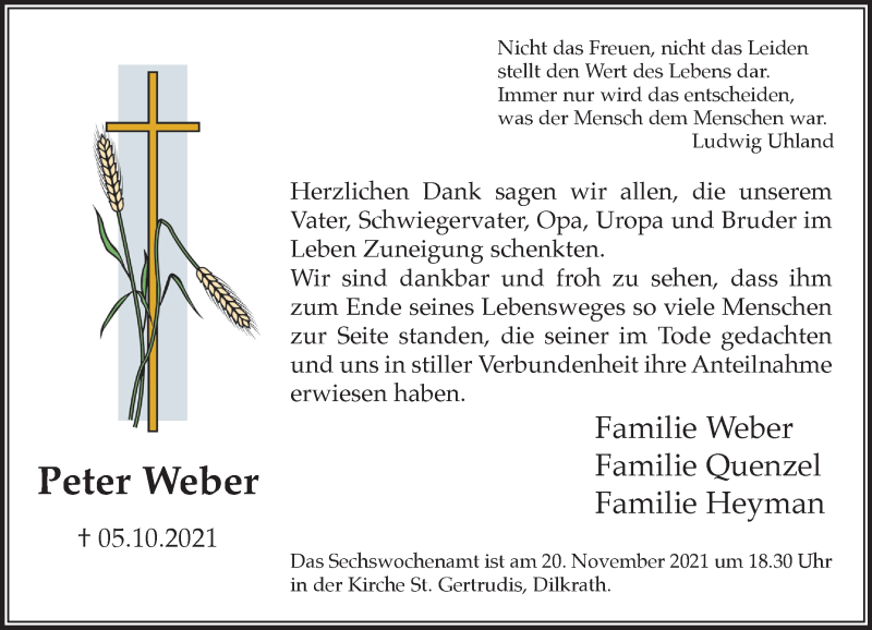  Traueranzeige für Peter Weber vom 13.11.2021 aus Rheinische Post