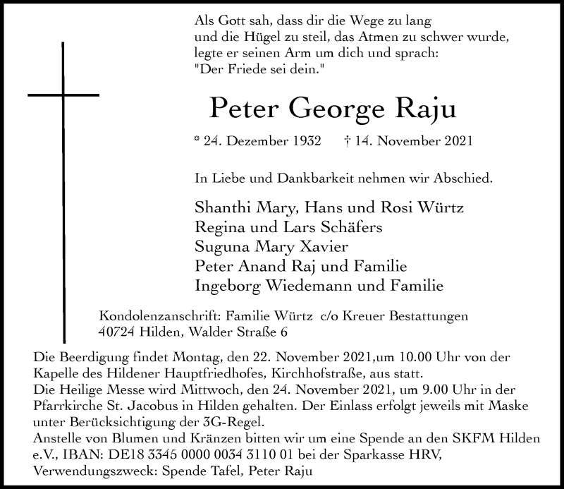  Traueranzeige für Peter George Raju vom 20.11.2021 aus Rheinische Post