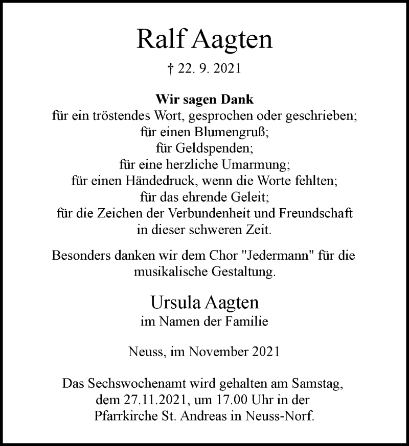  Traueranzeige für Ralf Aagten vom 20.11.2021 aus Rheinische Post