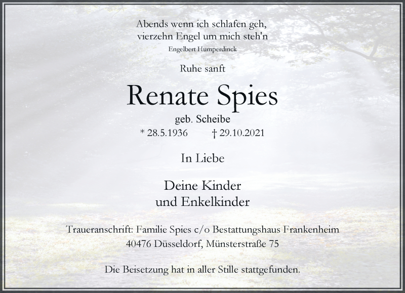  Traueranzeige für Renate Spies vom 06.11.2021 aus Rheinische Post