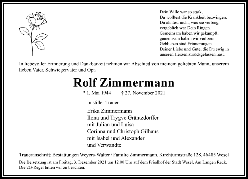  Traueranzeige für Rolf Zimmermann vom 30.11.2021 aus Rheinische Post