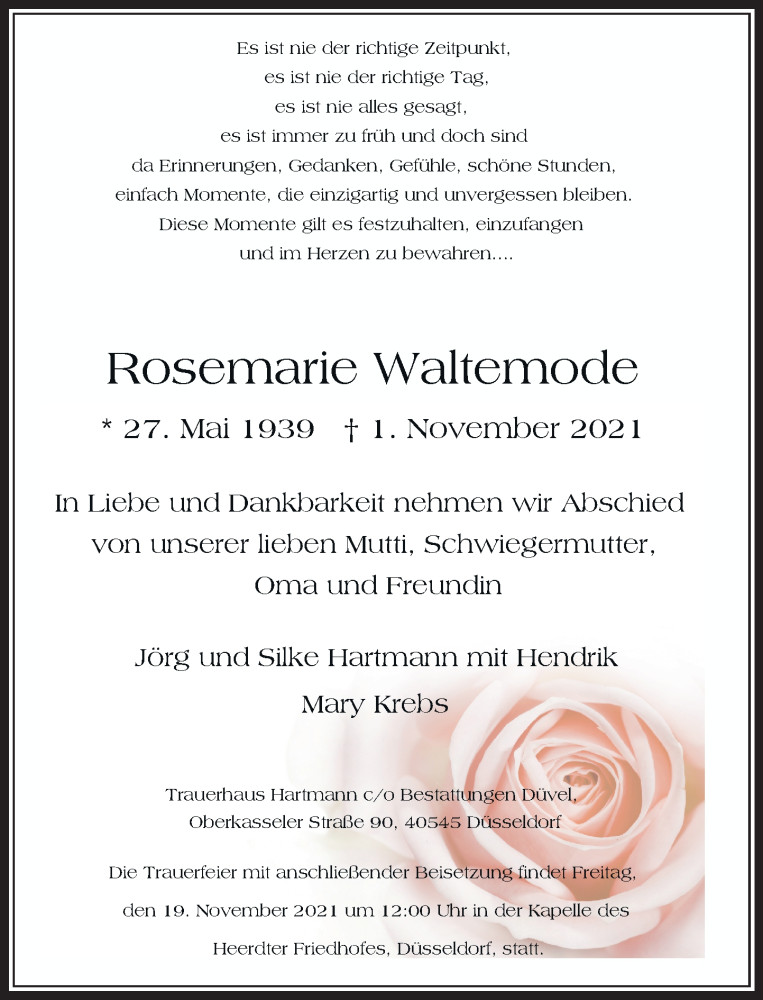  Traueranzeige für Rosemarie Waltemode vom 06.11.2021 aus Rheinische Post