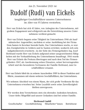 Traueranzeige von Rudolf  van Eickels von Rheinische Post