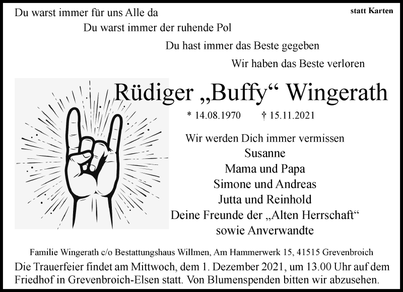  Traueranzeige für Rüdiger  Wingerath vom 27.11.2021 aus Rheinische Post