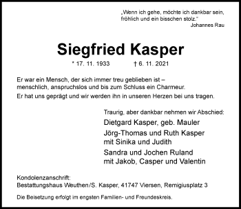 Traueranzeige von Siegfried Kasper von Rheinische Post