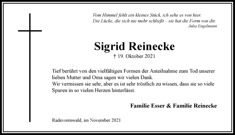  Traueranzeige für Sigrid Reinecke vom 13.11.2021 aus Rheinische Post
