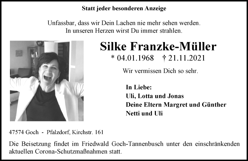  Traueranzeige für Silke Franzke-Müller vom 27.11.2021 aus Rheinische Post
