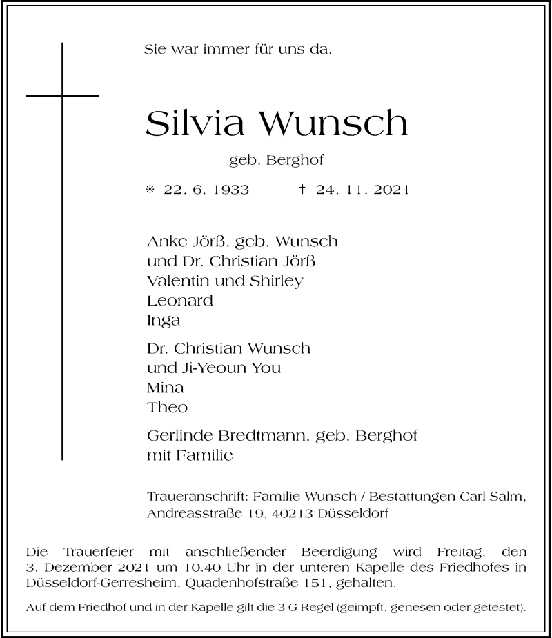  Traueranzeige für Silvia Wunsch vom 27.11.2021 aus Rheinische Post