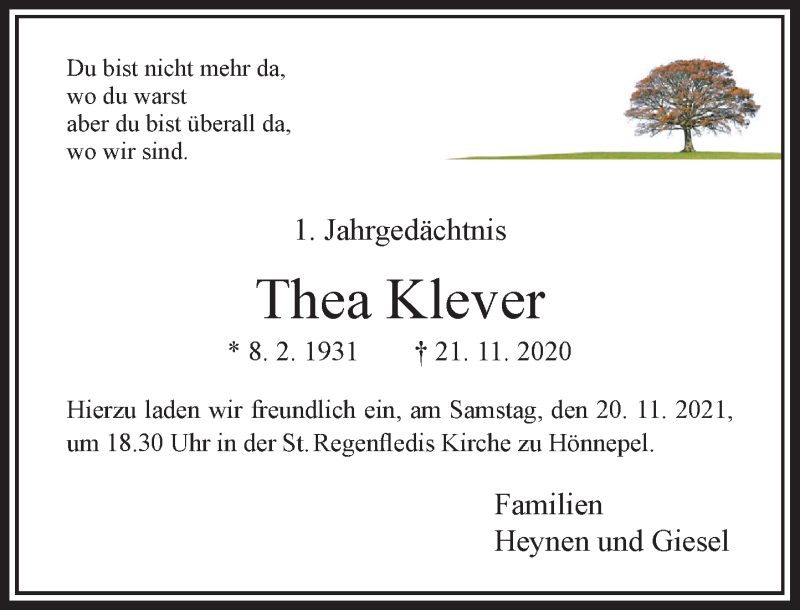  Traueranzeige für Thea Klever vom 13.11.2021 aus Rheinische Post